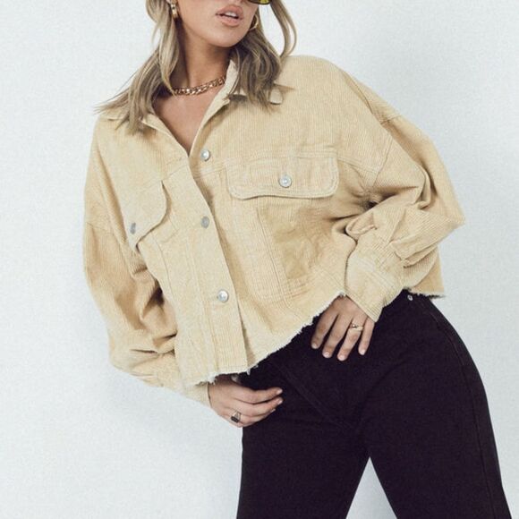 Princess Polly Lost Feelings Tan Raw Hem Cropped Corduroy Jacket Medium Large - Picture 1 of 15